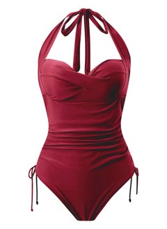 Buy Women's One Piece Drawstring Swimsuit Halter Neck Bathing Suits Purplish Red in Saudi Arabia