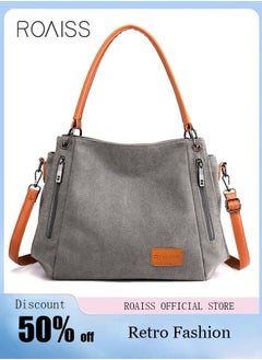 Buy Large Capacity Shoulder Tote Bag Casual Canvas Handbag Crossbody with Long Strap Multi Pocket for Young Women Teenagers School Shopping Grey/Orange in UAE