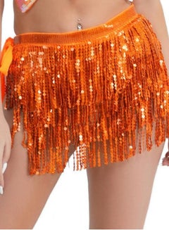 Buy Sequin Fringe Waist Chain Skirt Sparkly Belly Dance Tassel Waist Wrap Belt Skirts Party Rave Costume Orange in UAE