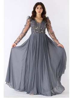 Buy Long evening dress of chiffon material, embroidered with a belted computer from the bottom, with a cloche cut in Saudi Arabia
