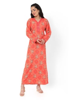 Buy PRINTED AND FRONT LACE EMBROIDERED MODEST ARABIC KAFTAN JALABIYA DRESS in Saudi Arabia