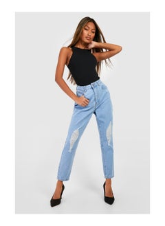 Buy Basic High Waisted Slashed Knee Mom Jeans in UAE