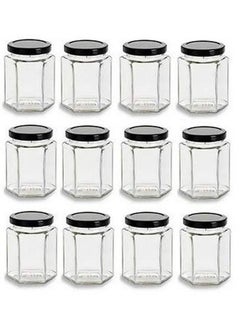 اشتري 12 Pcs 9 Oz Hexagon Glass Jars With Black Lids 270 Ml في السعودية