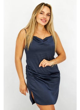 Buy Women Waterfall Draped Mini Casual Dress, Navy Blue in UAE