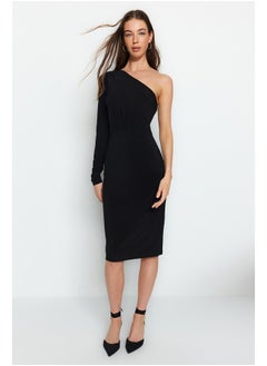 Buy Black Draped Detail One-Shoulder Fitted Midi Stretch Knit Dress TWOAW24EL00123 in Egypt