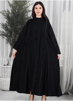 Buy Black Linen Abaya With Pleats In The Sleeves  and front With Oriental Golden  Embroidery golden in Saudi Arabia