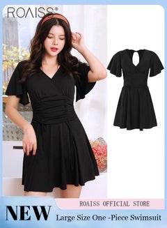 Buy Women'S Plus Size Swimsuit Dress Classic V-Neck Ruffle Short Sleeves Drawstring Pleats At Belly A-Line Pleated Skirt Inner Privacy Boxer Shorts in Saudi Arabia