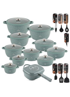 Buy Cookware Set - 49 Pieces Pots and Pans set Granite Non Stick Coating 100% PFOA FREE, Induction Base Cooking Set with Removable Silicone Handles - Oven Safe (Green) in UAE