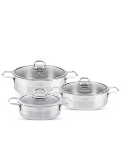 Buy 6-Piece President Series Premium 18/10 Stainless Steel Shallow Cooking Pot Set - Induction 3-Ply Thick Base Casserroles 20/24/28cm with Glass Lid for Even Heating Oven Safe Silver in UAE