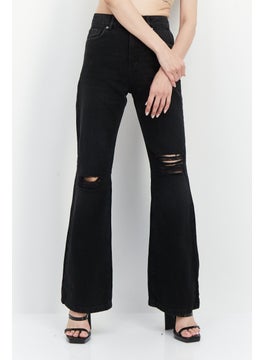 Buy Women Wide Leg Ripped Non-Stretchable Denim Jeans, Black in Saudi Arabia