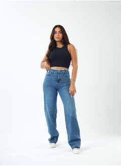 Buy High-Waist Medium Wash Full Length Frayed Waistband Straight Leg Jeans. in Saudi Arabia