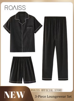 Buy Men 3 Piece Loungewear Set   Short Sleeves Shorts & Long Pants   Ice Silk Pajamas Loose & Comfortable Skin Friendly Fabric in UAE
