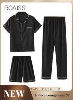 Buy Men 3 Piece Loungewear Set   Short Sleeves Shorts & Long Pants   Ice Silk Pajamas Loose & Comfortable Skin Friendly Fabric in UAE