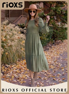 Buy Women Casual Long Sleeve Crew Neck Fall Dress Bohemian Relaxed Fit Flowy Maxi Dresses Tiered Cocktail Dress in UAE
