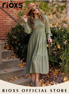 Buy Women Casual Long Sleeve Crew Neck Fall Dress Bohemian Relaxed Fit Flowy Maxi Dresses Tiered Cocktail Dress in UAE