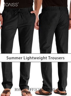 اشتري Men'S Casual Solid Color Pants Loose Drawstring Waist Elastic Design Cotton Versatile Trousers في السعودية
