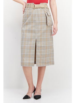 اشتري Women Plaid Midi Skirt, Tan Combo في الامارات