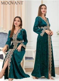 Buy Muslim Kaftan Abaya Moroccan Fashion Autumn Winter V Neck Velvet Dress Long Sleeve Robe Stylish Abaya Middle East Arabic Banquet Wedding Party Dress Women's Festival Clothing in Saudi Arabia