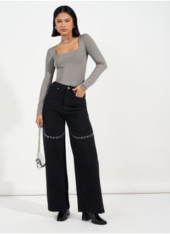 Buy High Rise Rhinestone Detail Wide Leg Jeans in Saudi Arabia