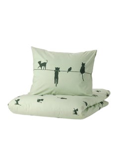 Buy Duvet cover and pillowcase, cat pattern/green, 150x200/50x80 cm in Saudi Arabia