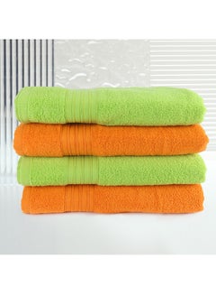 اشتري 4 Piece Bathroom Towel Set ZERO TWIST 410 GSM Zero Twist Terry 4 Bath Towel 75x130 cm Fluffy Look Quick Dry Super Absorbent Green & Orange Color في الامارات
