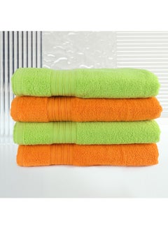 Buy 4 Piece Bathroom Towel Set ZERO TWIST 410 GSM Zero Twist Terry 4 Bath Towel 75x130 cm Fluffy Look Quick Dry Super Absorbent Green & Orange Color in UAE