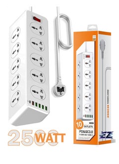 Buy 2500W 10-Way Outlet Power Strip with 30W QC 3.0 PD USB-C and 5 USB-A Ports – 2 Meter Extension Cord, Surge Protection for Home & Office Use in UAE