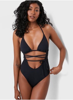 Buy Halter Neck Cut Out Strappy Swimsuit in UAE