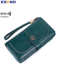 Buy New Fashion Retro High Quality Long Women's Wallet RFID Anti-theft Leather Zipper Coin Purse 12 Card Slots Large Capacity Snap Card Holder in Saudi Arabia