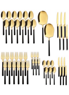 اشتري 50 Pieces Cutlery Set for 12 Person,Pure Stainless Steel,Mirror Polished Include Spoon/Tea Spoon/Fork/Cake Fork/Dinner Knife/Fruit Knife/Rice Server (SHINY GOLD HEAD & SHINY BLACK HANDLE)) في الامارات