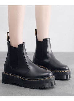 Buy Chelsea Boots Women's Thick Sole Genuine Leather One Step Martin Boots Black in Saudi Arabia