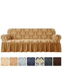 Buy Three Seater Stretchable Sofa Cover with Ruffle Skirt Dark Beige 185x235cm in Saudi Arabia