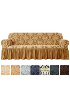 Buy Three Seater Stretchable Sofa Cover with Ruffle Skirt Dark Beige 185x235cm in Saudi Arabia