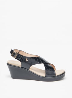 Buy Women's Textured Cross Strap Sandals with Wedge Heels and Buckle Closure in Saudi Arabia