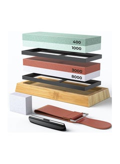 Buy Knife Sharpening Stone, 4 Side Grit 400/1000 3000/8000 with Non-Slip Bamboo Base, Angle Guide, Polishing Compound, Leather Strop, Flattening Kit in Saudi Arabia