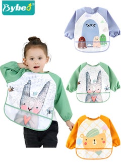 اشتري 3Pcs Long Sleeve Baby Feeding Bibs, Unisex Waterproof Infant Bib, Babies Smock Apron Set with Sleeves, with Cute Cartoon Pattern, for Infants Children Toddlers Aged 2-4 Eating Feed Playing Painting في الامارات