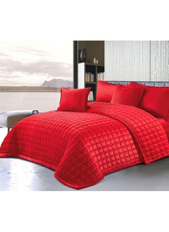 Buy 6 Pieces Soild Color Comforter Set For All Season Velvet Bedding Set King Size 220x240 Cm Classical Double Side Small Box Stitched Pattern Red in Saudi Arabia