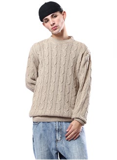 اشتري Round Neck Braided Knit Dark Beige Pullover في مصر