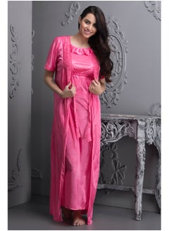 Buy 2 PCS SATIN NIGHTWEAR SET IN Pink- LONG ROBE & NIGHTIE in UAE