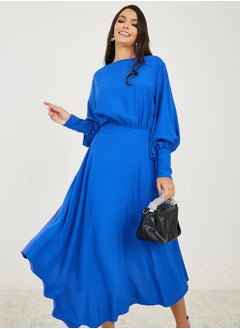 اشتري Blouson Sleeve Asymmetric Hem A-Line Midi Dress في السعودية