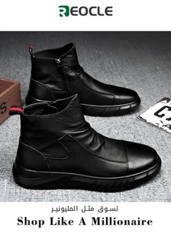 Buy High-waisted Martin Boots Men's Leather Boots Soft Leather Zipper Casual Outdoor Work Shoes Trendy High-top Leather Shoes Black in UAE