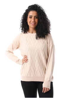 اشتري Cable Knitted Pattern Round Collar Pullover_Beige في مصر