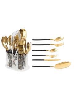 اشتري LIFE SMILE Cutlery Set, 18/10 Pure Stainless Steel Flatware Set with Stand, Rust Proof & Fade Proof Dinnerware Set (SHINY GOLD HEAD & SHINY BLACK HANDLE, 63 Pieces) في الامارات