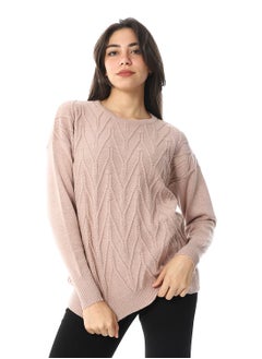 اشتري Cable Knitted Pattern Round Collar Pullover_Nude Pink في مصر