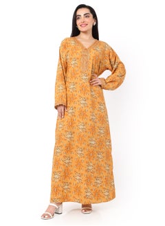 Buy PRINTED AND FRONT LACE EMBROIDERED MODEST ARABIC KAFTAN JALABIYA DRESS in Saudi Arabia