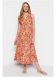 Buy Orange Floral Print V-Neck Sleeveless A-Line Maxi Knit Dress TWOSS22EL1588 in Egypt