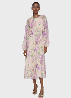 Buy Floral Tie Detail Pleated Dress in UAE