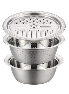 Buy Multifunctional 3-In-1 Stainless Steel Grater Basin Drain Basket Washing Bowl Set Silver 27*10.5*27cm in UAE