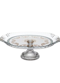 Buy A serving dish with a glass base with a golden and turquoise pattern for cake pastries and fruits in Saudi Arabia