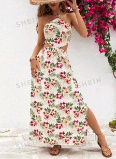 Buy SHEIN VCAY Floral Print Hollow Out Split Halter Neck Maxi Dress in Egypt